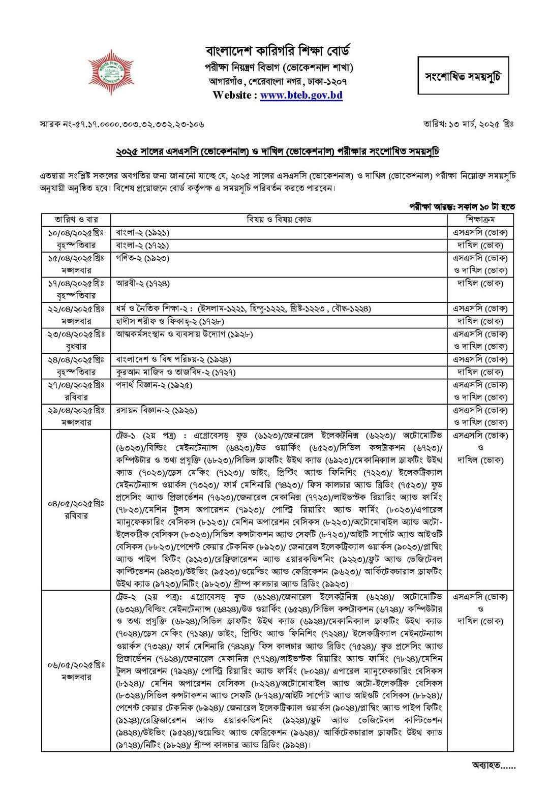 Revised SSC Vocational Routine 2025 Announced - Bangladesh Affairs