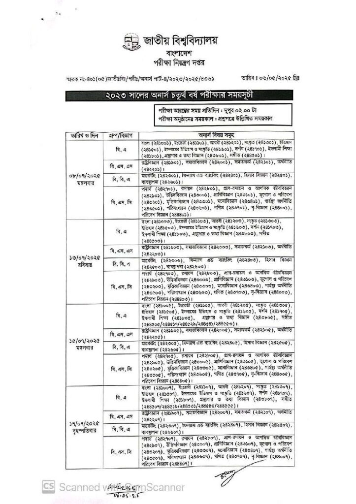 NU Honours 4th Year Routine 2025 Published 2 Honours 4th Year Routine 2025-1